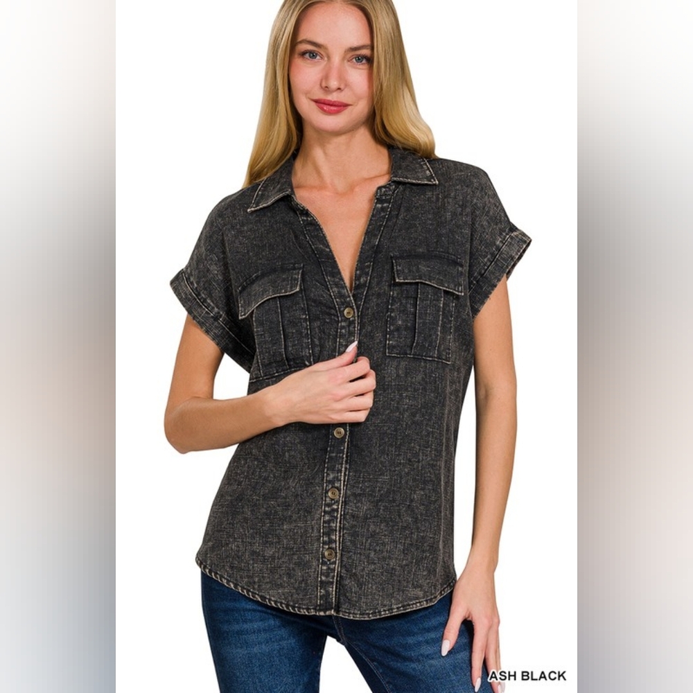 NWT - Linen Blend Acid Washed Button Down Batwing Sleeve Shirt- Ash Black- L